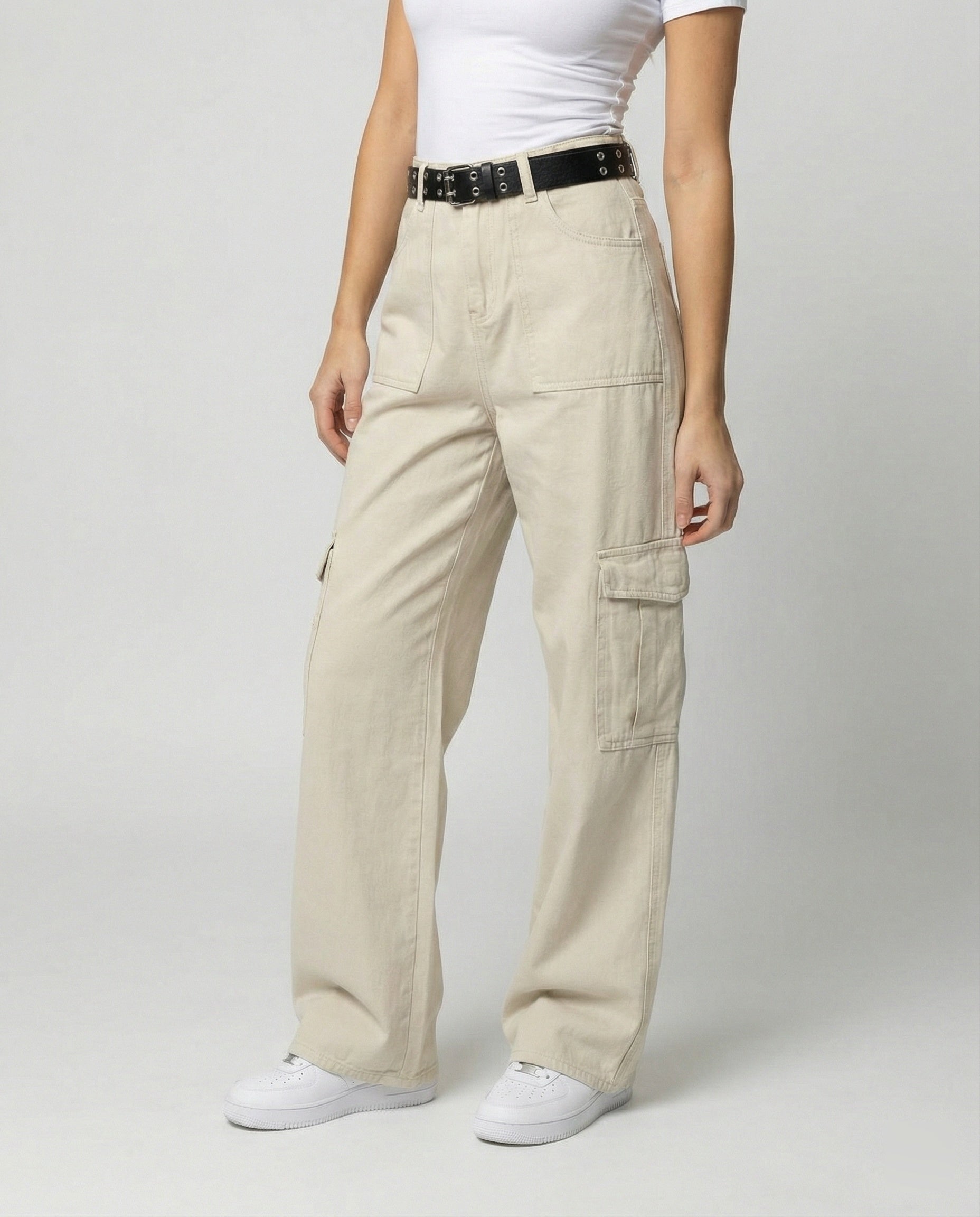 Damen Cargo-Hose Weitbein Großtaschen Gürtelschlaufen - Norvielle