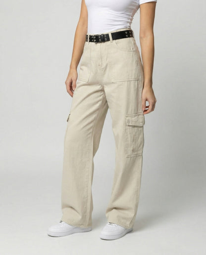 Damen Cargo-Hose Weitbein Großtaschen Gürtelschlaufen - Norvielle