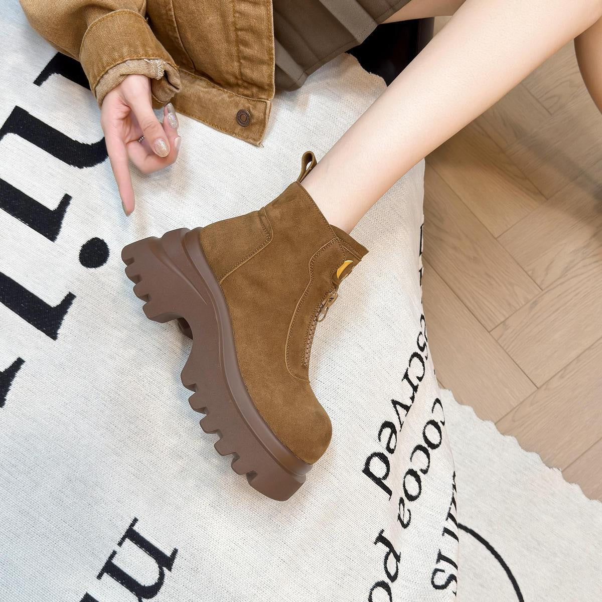 Damen Stiefeletten Plateau Reißverschluss Robust