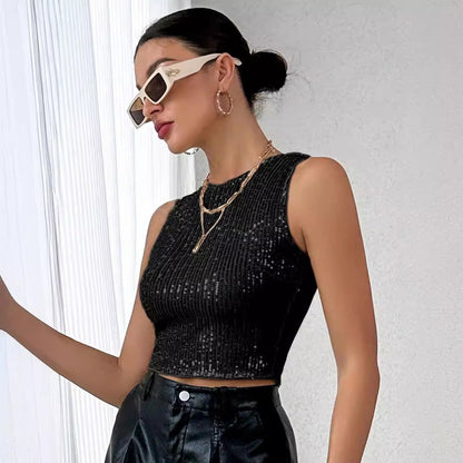 Damen Glitzer Oberteil Crop Rippenmuster Glamour