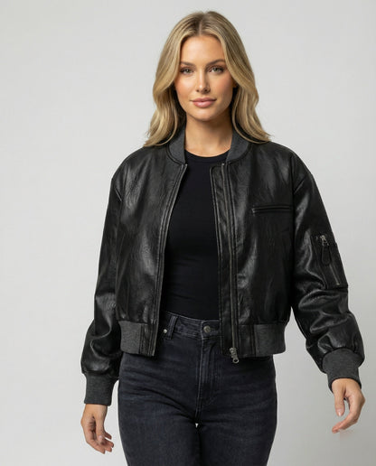 Damen Lederjacke Bikerjacke Schwarz Kurz - Norvielle