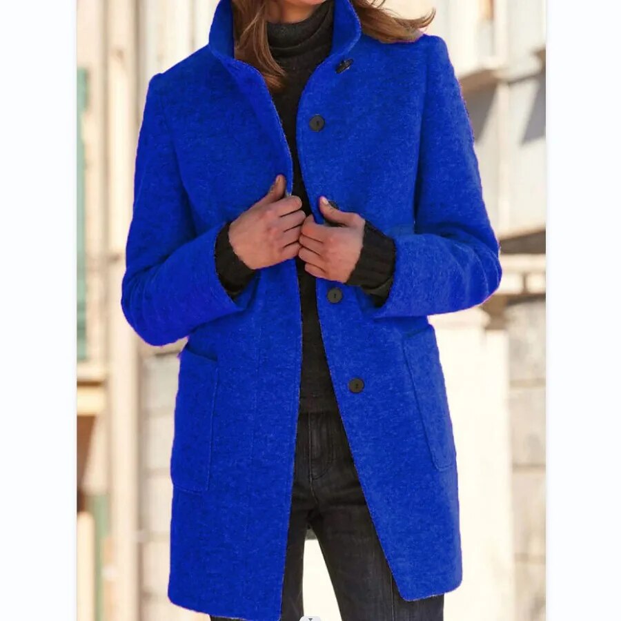 Damen Wollmantel Grau Warm mit Taschen und Hochkragen