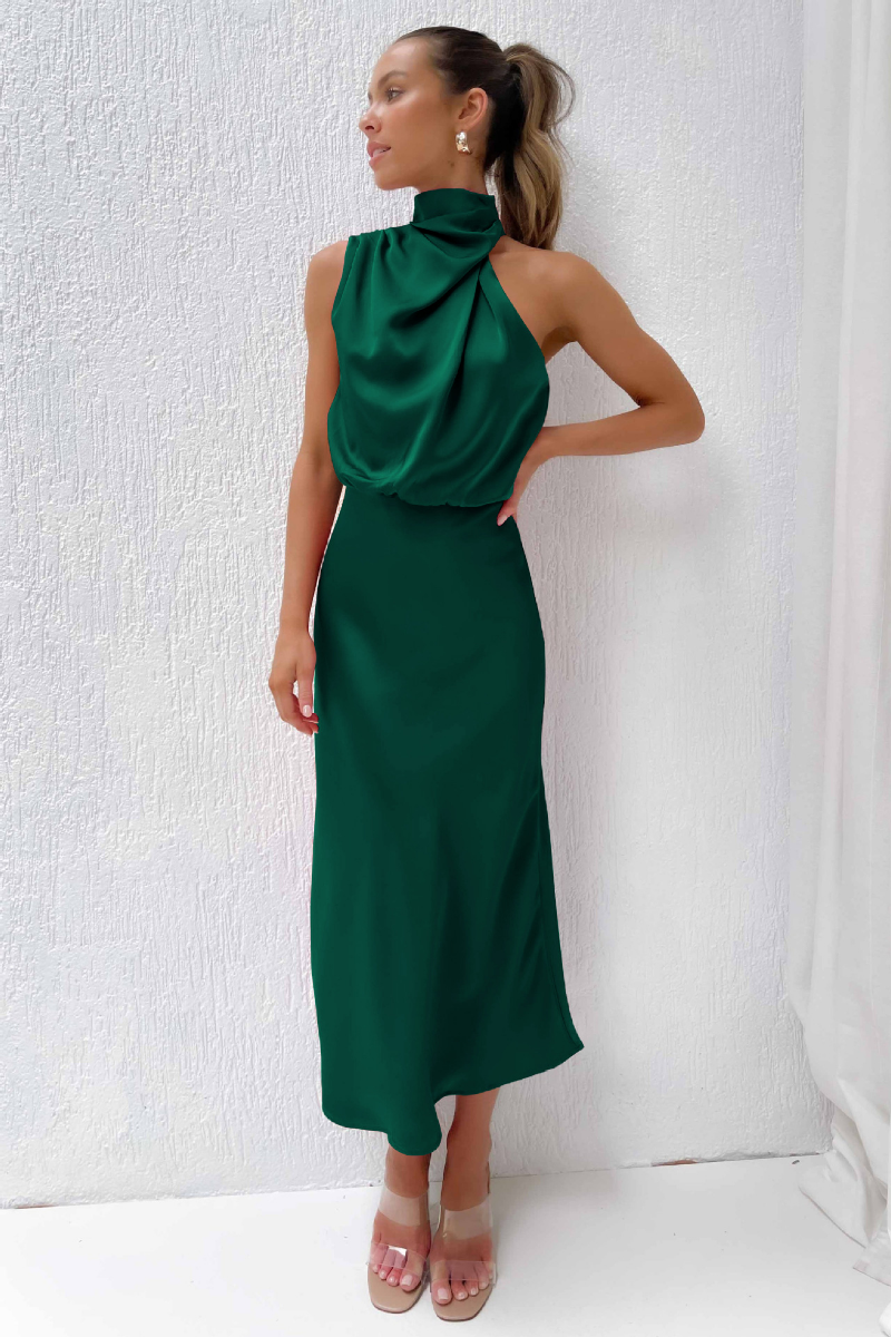 Damen Midi-Kleid Asymmetrischer Ausschnitt Stoffkleid