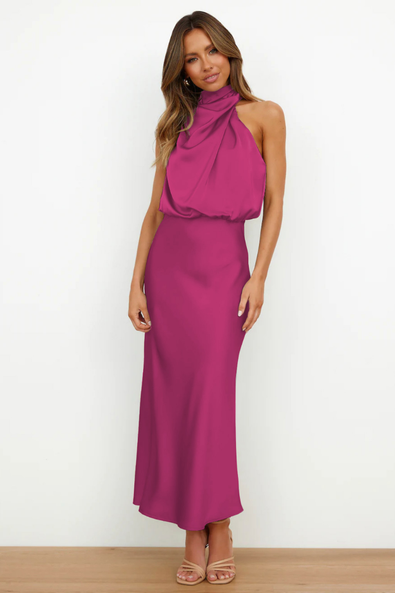 Damen Midi-Kleid Asymmetrischer Ausschnitt Stoffkleid