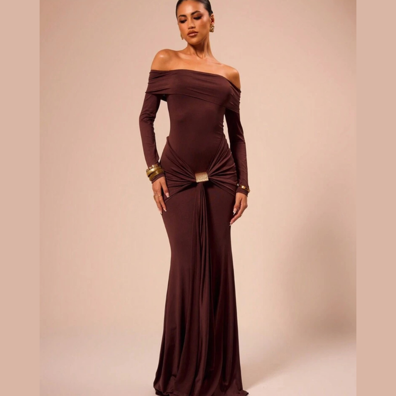 Elegantes Damen Off-Shoulder Maxikleid mit Drapierung Gold Dekor - Norvielle