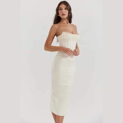 Damen Midikleid Satin mit Perlen Dekor - Norvielle