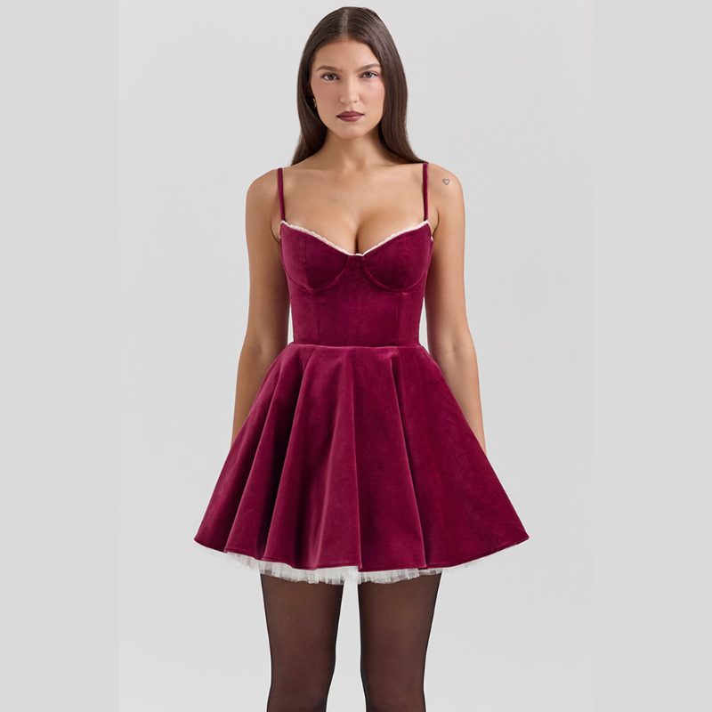 Damen Samtkleid Korsett Look mit Tüll Mini - Norvielle