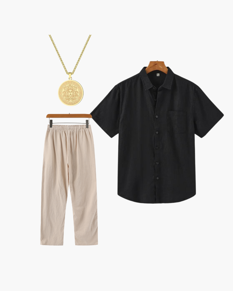 Männer Leinenanzug 3-teilig Kurzarm Sommer Beige - Norvielle