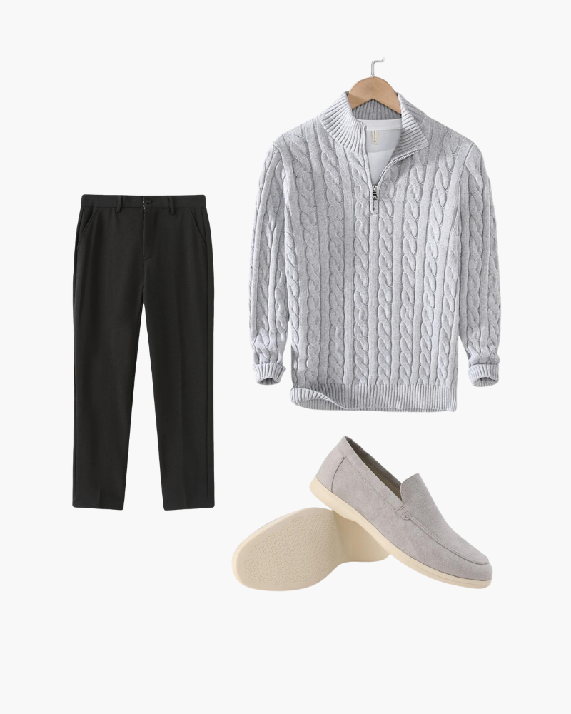 Herren 3-teiliges Outfit-Set mit Zopfmuster Pullover Hose Schuhe - Norvielle