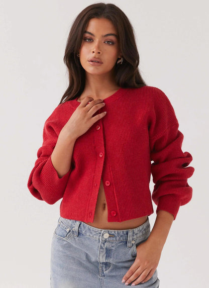 Damen Strickjacke Elegante Rote Langarm - Norvielle