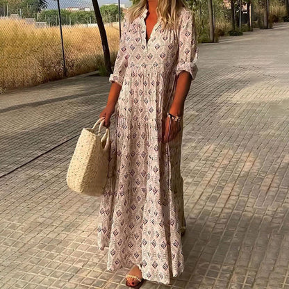 Damen Sommerkleid Langarm Boho Print