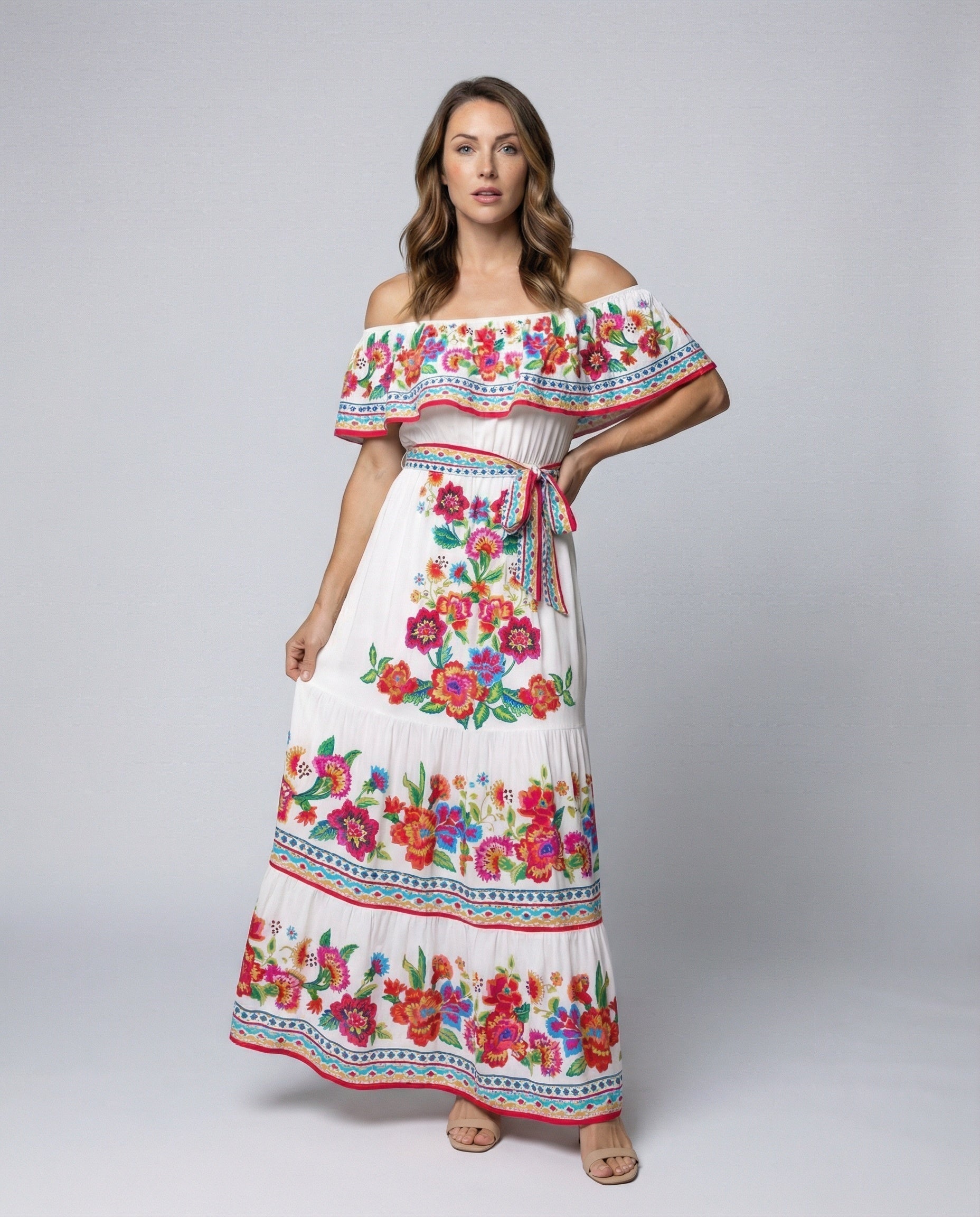 Damen Off-Shoulder-Kleid Elastisch Floral Maxikleid - Norvielle