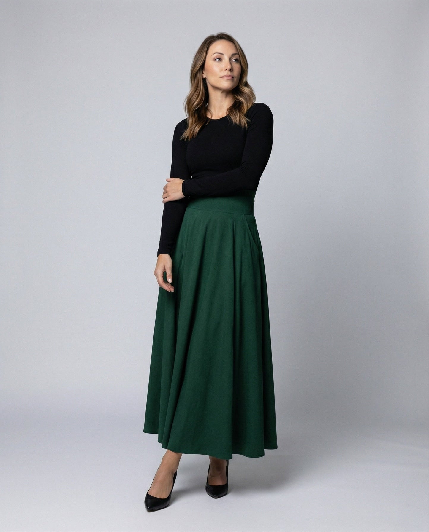 Damen Maxirock Eleganter Schwingrock mit Taschen Schwarz - Norvielle