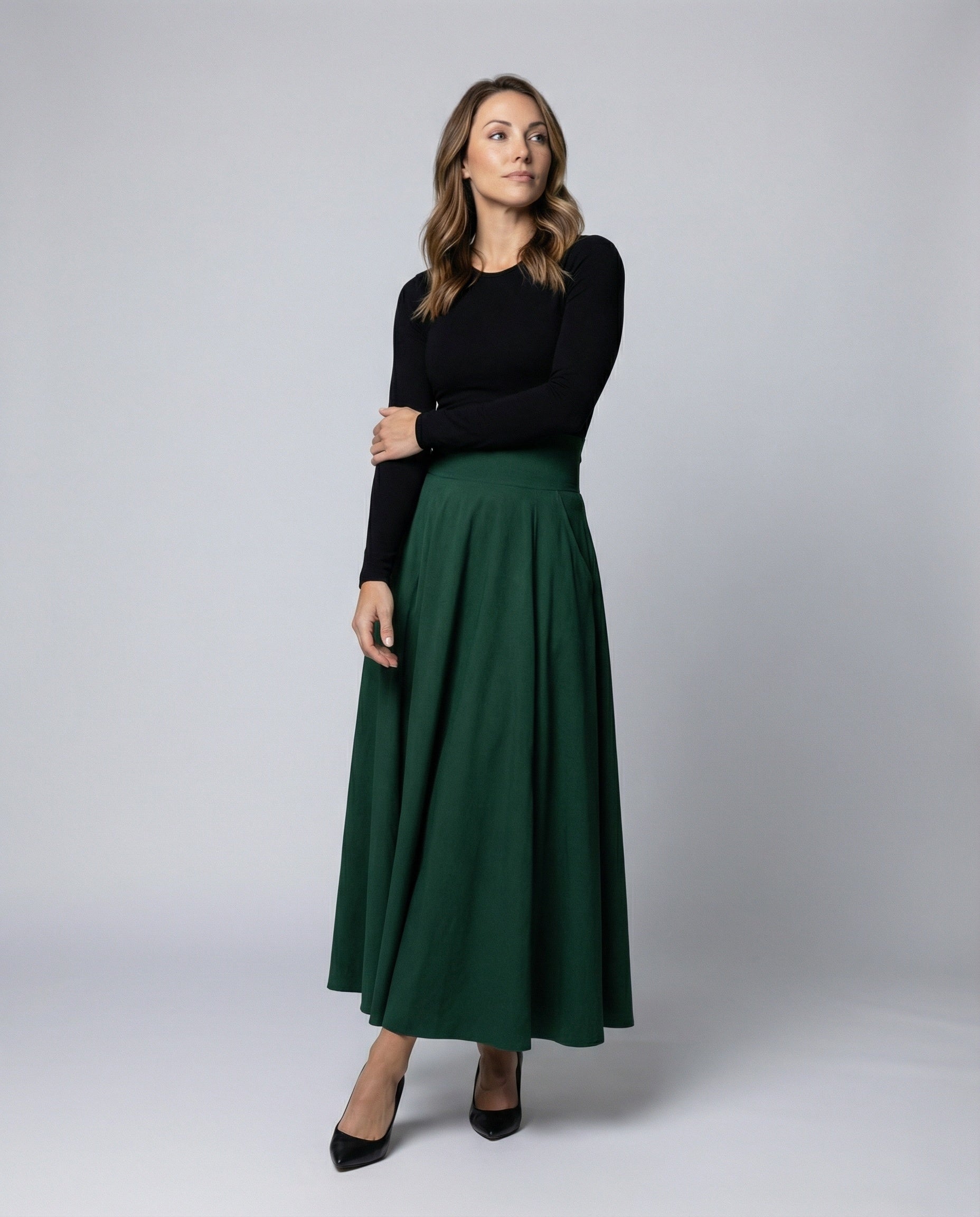 Damen Maxirock Eleganter Schwingrock mit Taschen Schwarz - Norvielle