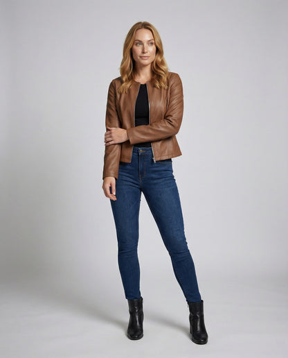 Damen Lederjacke Längsärmelig Bikerjacke Schwarz - Norvielle