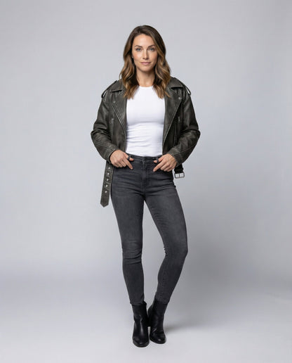 Damen Lederjacke Bikerjacke Schwarz - Norvielle