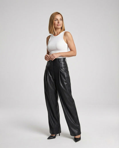 Damen Kunstlederhose Weitbein Schwarz - Norvielle