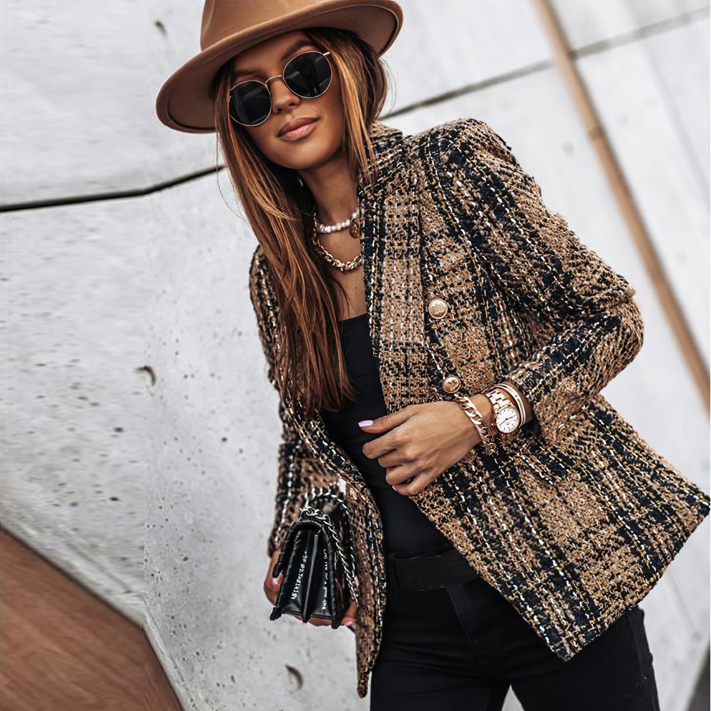 Damen Blazer Tailliert Karomuster Geschäftlich
