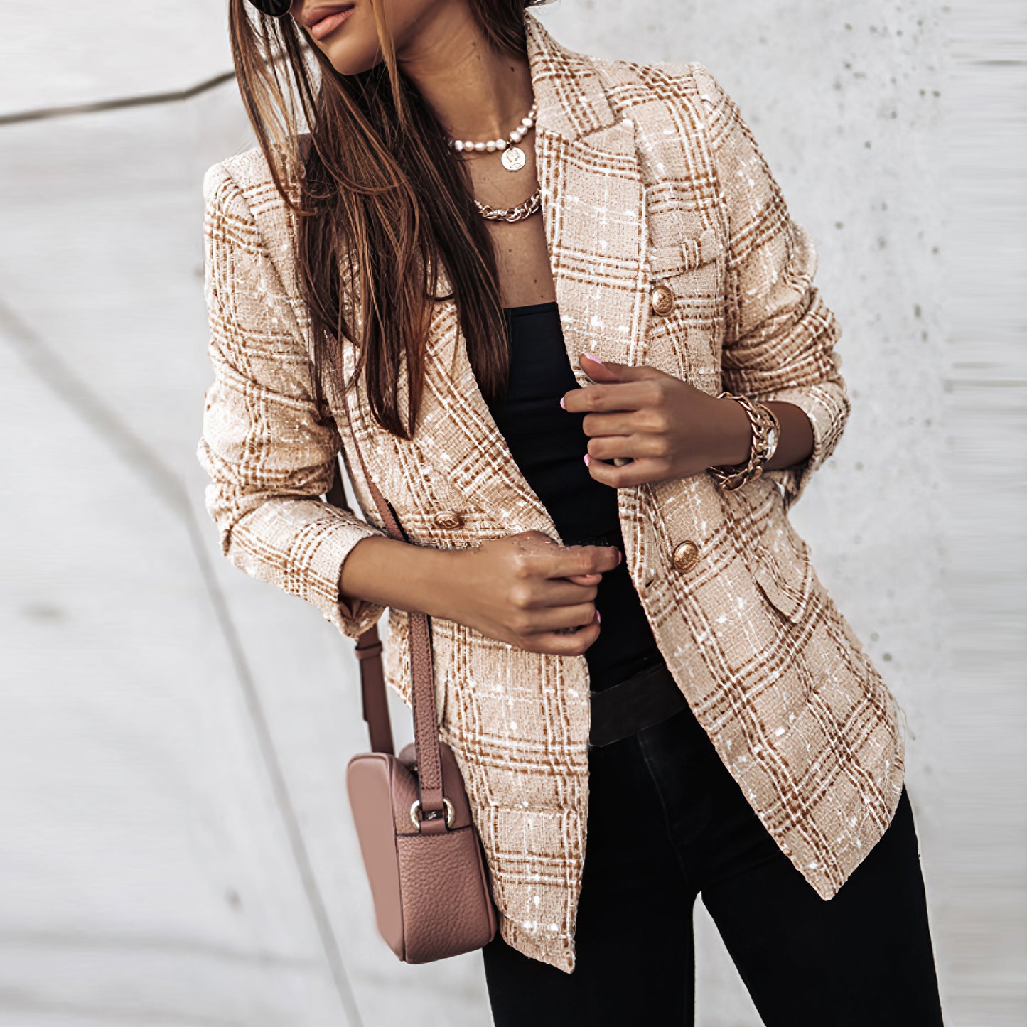 Damen Blazer Tailliert Karomuster Geschäftlich