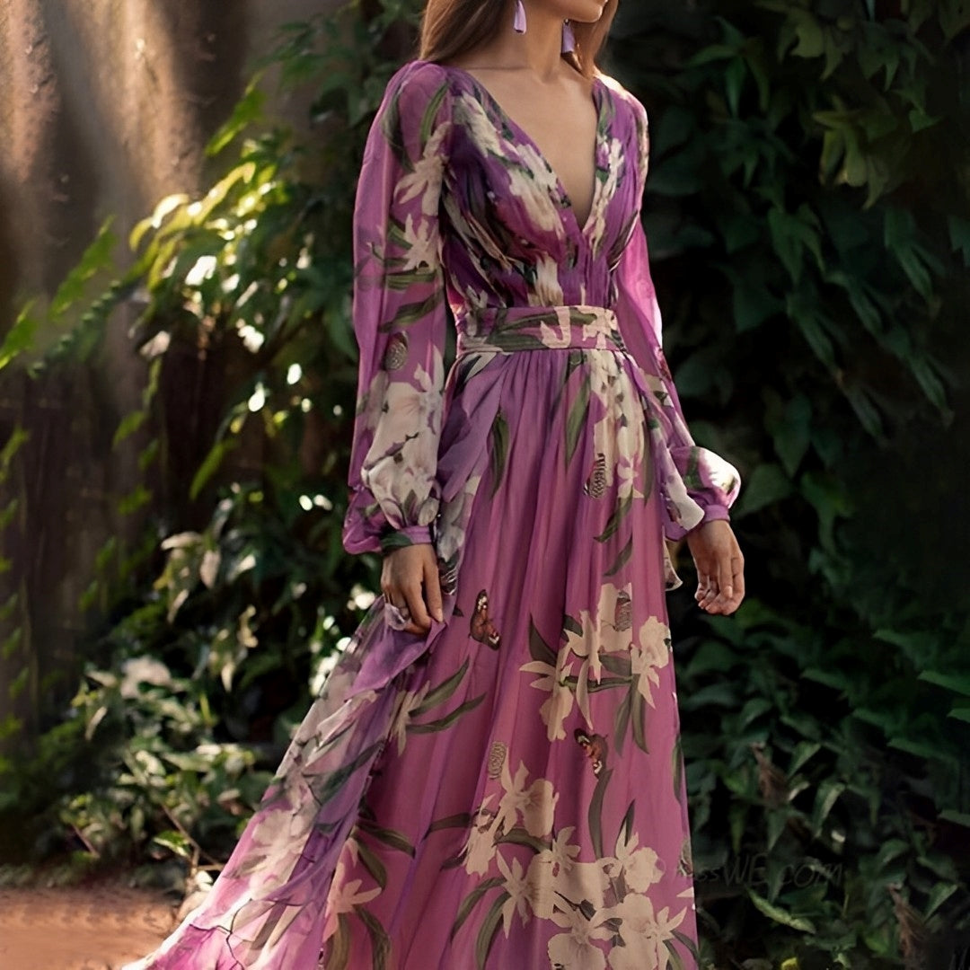 Damen Maxikleid Blumenmuster Bequem V-Ausschnitt