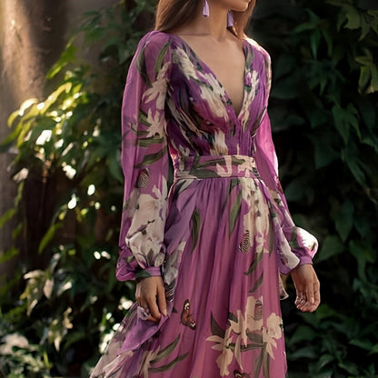 Damen Maxikleid Blumenmuster Bequem V-Ausschnitt