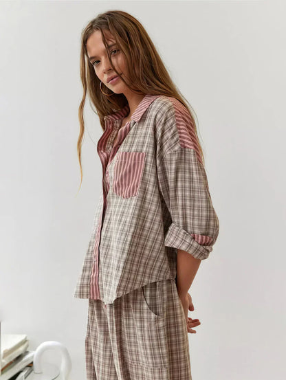 Damen Kariertes Zweiteiliges Set Frühjahr Modern