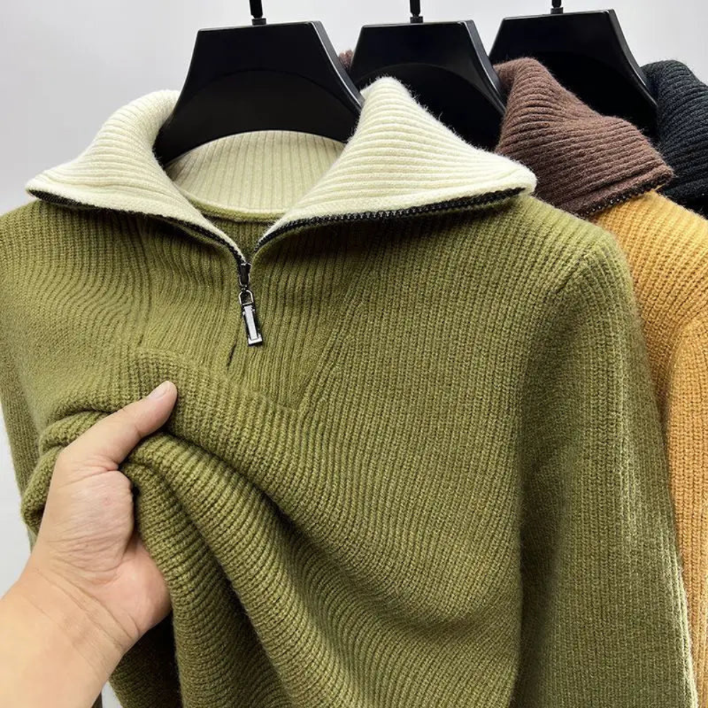 Lockere Strickjacke aus Wolle Rippenstrick Hochkragen Reißverschluss