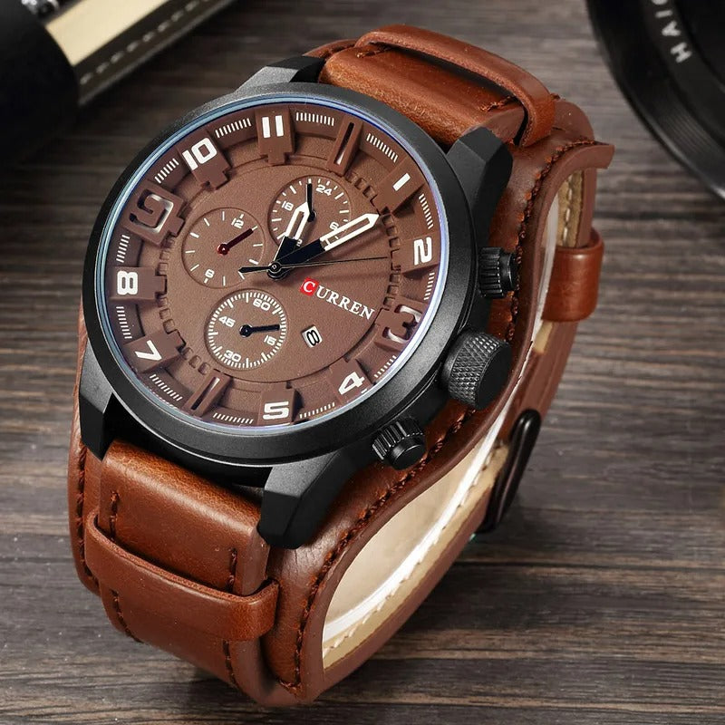 Herren Chronograph Armbanduhr Leder Schwarz - Norvielle