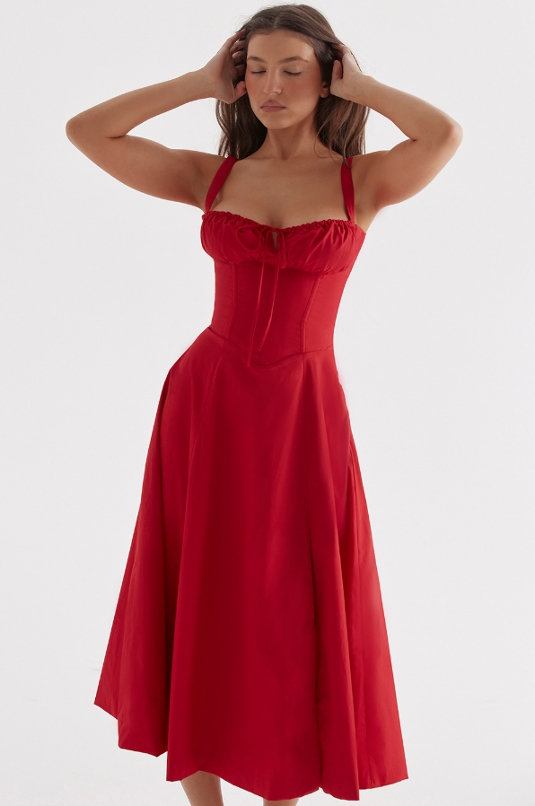 Rotes Abendkleid Damen A-Linie Beinschlitz Corsage