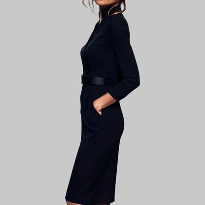 Damen Langärmliges Midi-Kleid mit Taillengürtel Elegantes Design