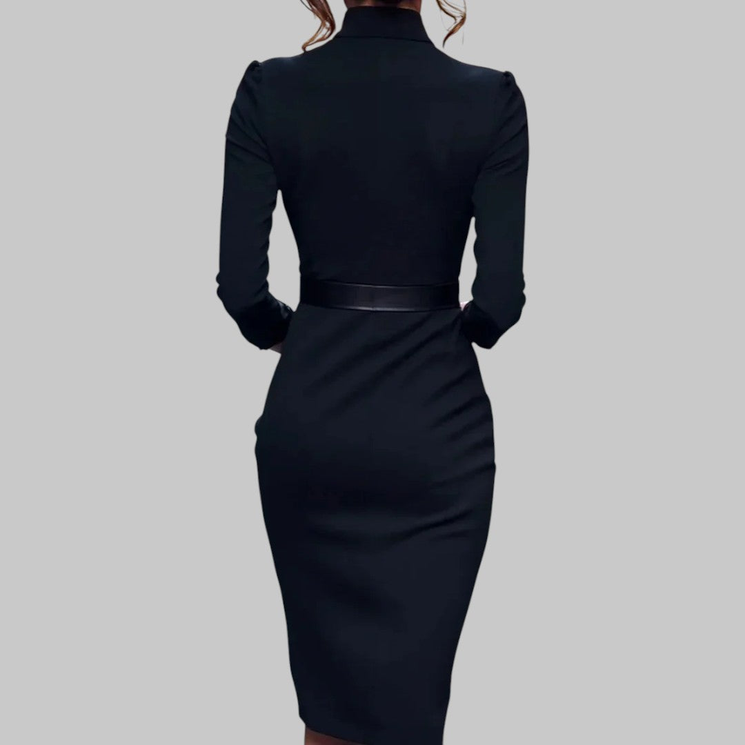 Damen Langärmliges Midi-Kleid mit Taillengürtel Elegantes Design