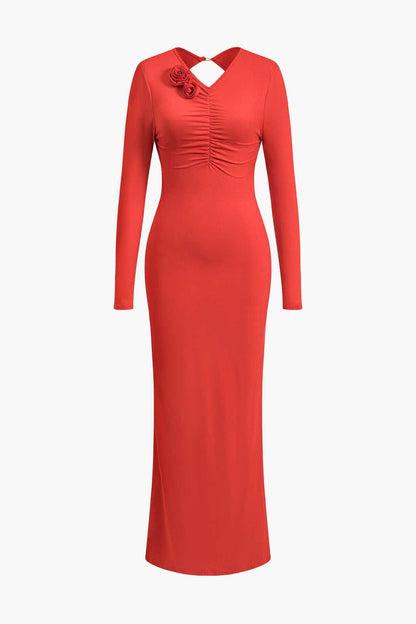 Damen Maxikleid Langarm Rückenfrei Blumenmuster