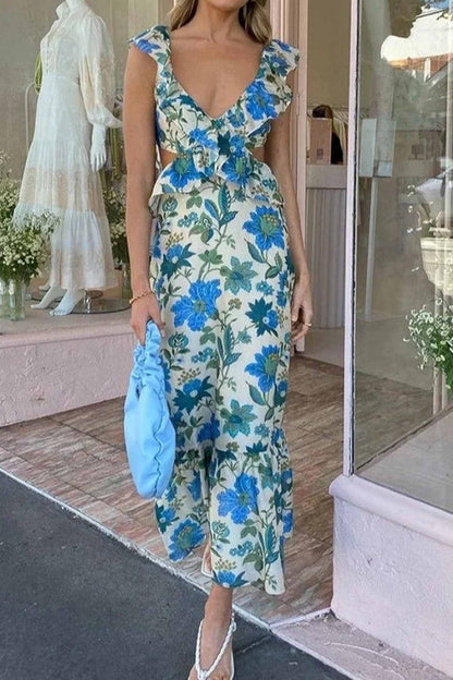 Damen Maxi-Kleid Rüschen Blumenmuster