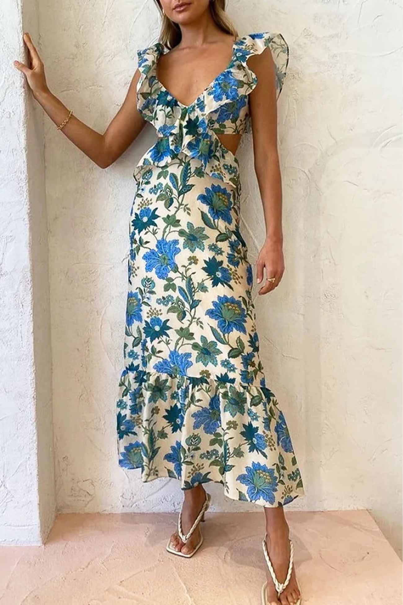 Damen Maxi-Kleid Rüschen Blumenmuster