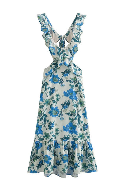 Damen Maxi-Kleid Rüschen Blumenmuster