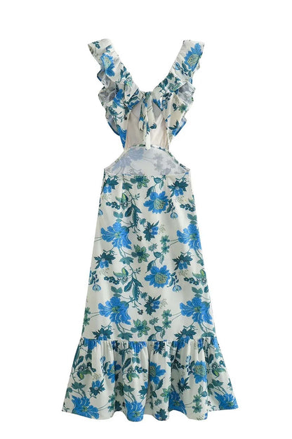 Damen Maxi-Kleid Rüschen Blumenmuster