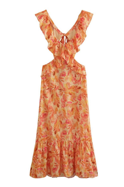 Damen Maxi-Kleid Rüschen Blumenmuster