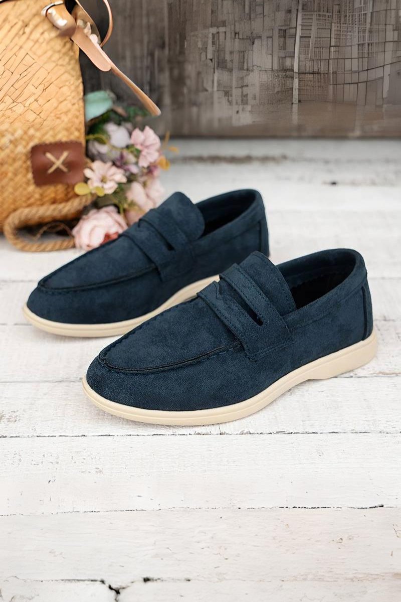 Dunkelblaue Beige Loafer Schuhe aus Veloursleder - Norvielle