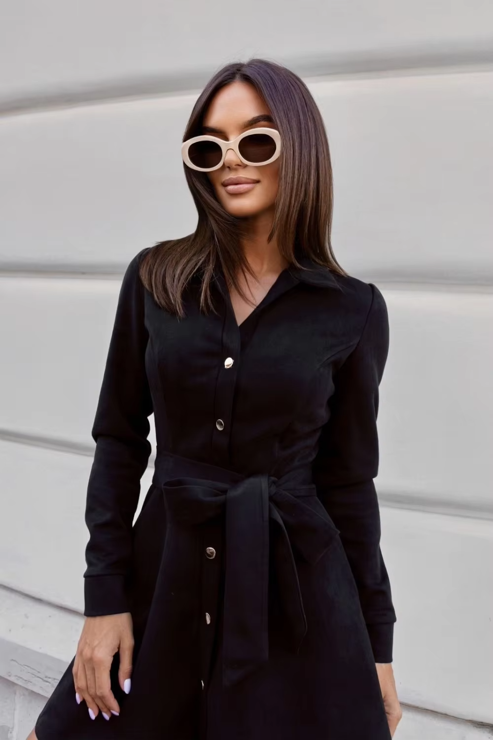 Damen Minikleid Wildleder Gürtel Knöpfe