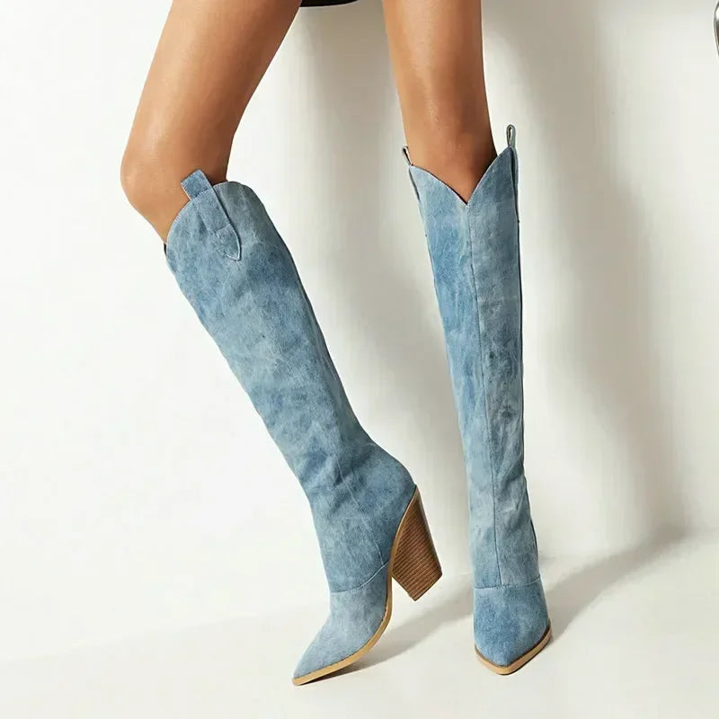 Damen Denim Stiefel Knielang Jeans Schuhe