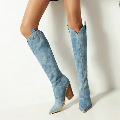 Damen Denim Stiefel Knielang Jeans Schuhe