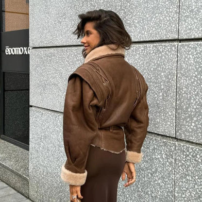 Damen Kunstlederjacke Warm Teddyfutter Schnürung