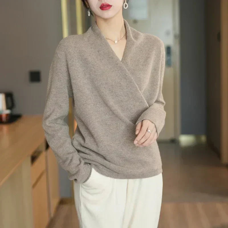 Damen Wickelpullover V-Ausschnitt Weich Warm