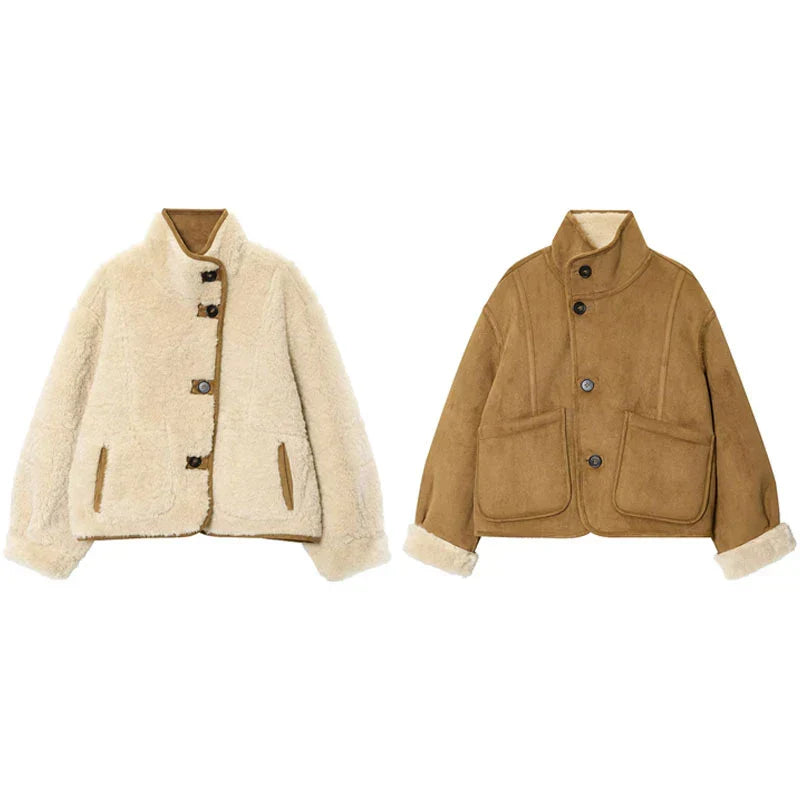 Damen Shearling Jacke Wendejacke Knöpfe Braun - Norvielle