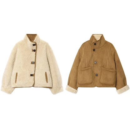 Damen Shearling Jacke Wendejacke Knöpfe Braun - Norvielle