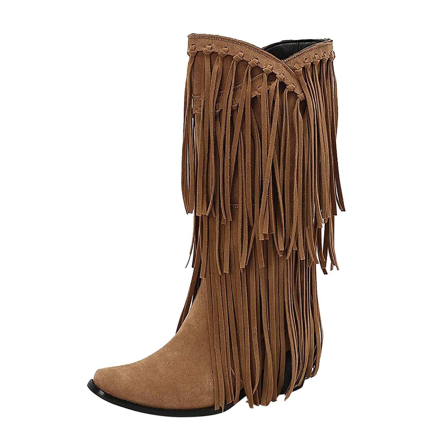 Damen Fransen Stiefel Blockabsatz