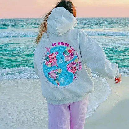 Grauer Hoodie Bunter Druck Reisezitat - Norvielle