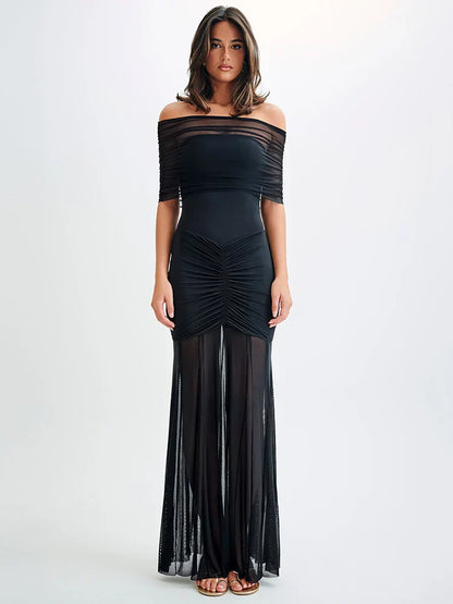 Damen Maxi-Kleid Off-Shoulder Mesh Figurbetont Schwarz - Norvielle