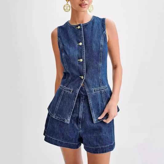 Denim Zweiteiler Damen Set mit Weste und Shorts Sommer - Norvielle
