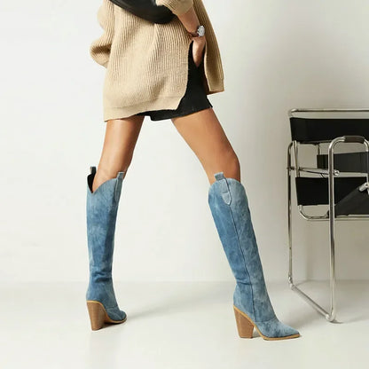 Damen Denim Stiefel Knielang Jeans Schuhe